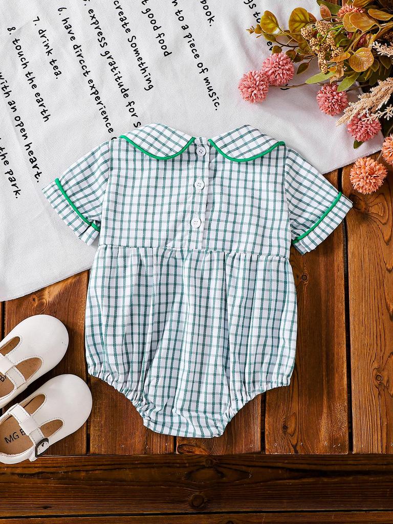 Sweet Korean Style Baby Bubble Romper, Pink White Plaid with Colorful Flowers, Newborn Summer Outfit