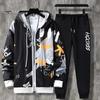 2 Pcs/Set Men Coat Pants Suit Hooded Letter Print Drawstring Zipper Closure Loose Elastic Waist Hip Hop Ankle-banded Men Sportwear
