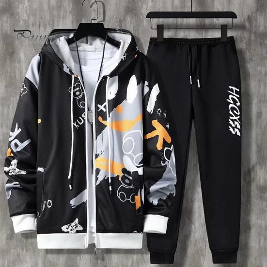 2 Pcs/Set Men Coat Pants Suit Hooded Letter Print Drawstring Zipper Closure Loose Elastic Waist Hip Hop Ankle-banded Men Sportwear