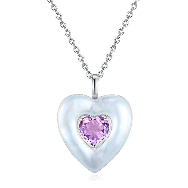 S925 Sterling Silver Heart Necklace with Natural Crystal & Mother-of-Pearl, Inlaid Garnet & Topaz, Handcrafted Fine Jewelry for Women 925 silver