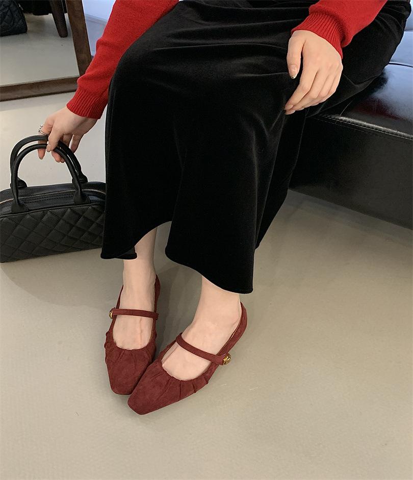 Inner Height Increase Suede Folds with Skirt Single Shoes Women's Shoes 2025 New Spring and Autumn Square Head Mary Jane Evening Shoes