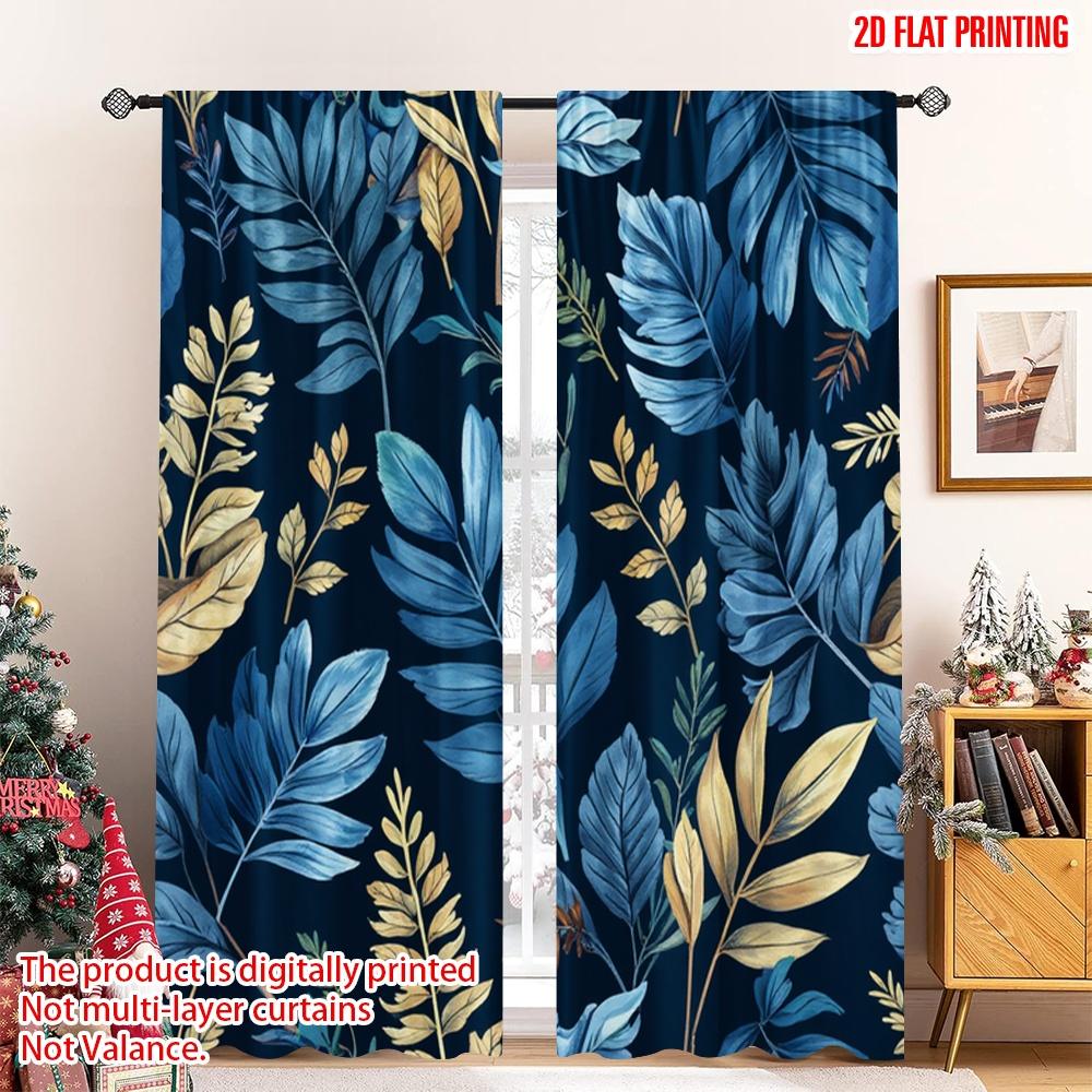 

Set Of 2 Flat Printing Curtain Tropical Leaf Blue Gold Digital Printed Polyester Drapes Festive Holiday Perfect Room Bedroom Ideal For W100*H70(CM)-Grommet top&2PCS