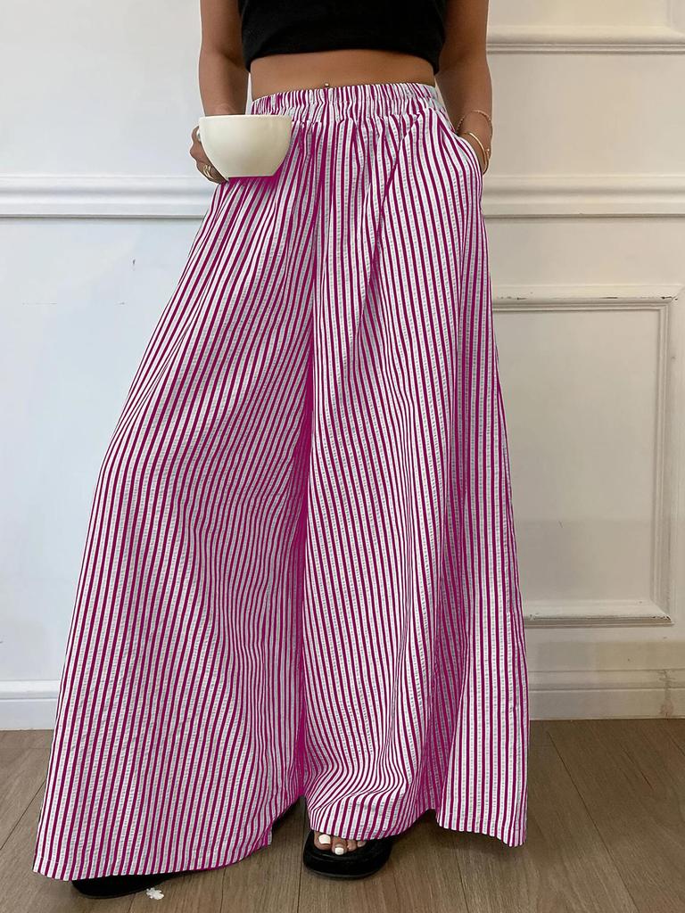 Plus Size Europe and The United States Cross-border Spring and Summer Striped Pocket Elasticated Waist Wide-leg