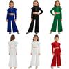 Zweiteiliges lyrisches Tanzoutfit für Mädchen, Kragen mit Rüschen, Langarm, Strasssteine, Crop-Top, Elastischer Bund, Ausgestellte Hose