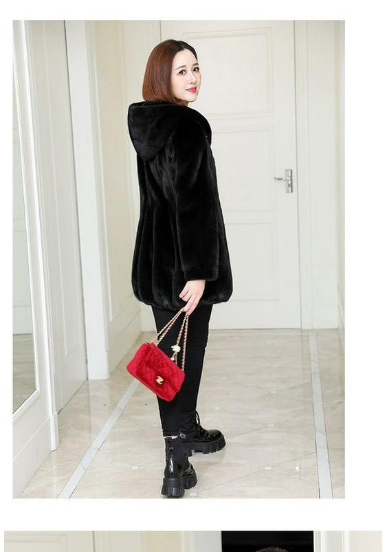 2026 Women's Mid-Length Hooded Faux Mink Fur Coat