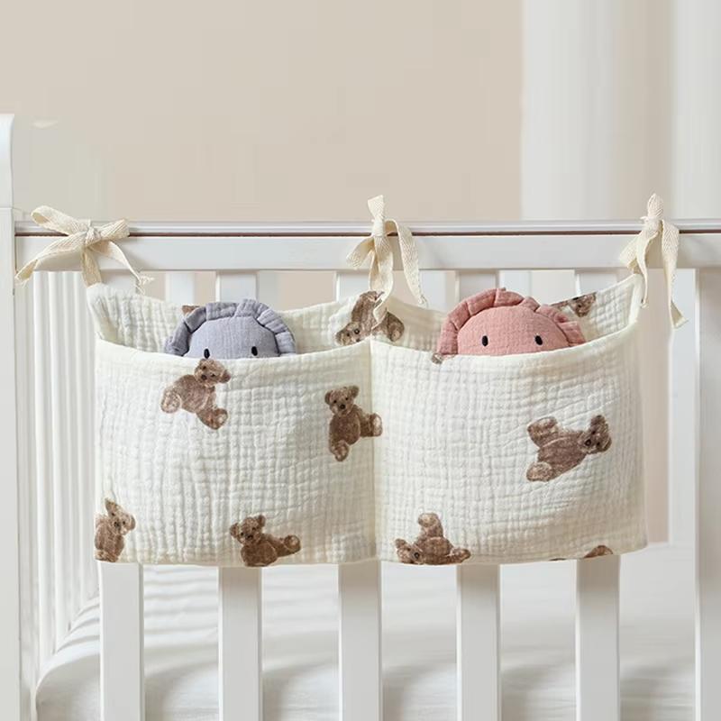 Baby Crib Organizer Cot Caddy Bed Storage Bag 2 Pockets Bedside Hanging Diaper Pure cotton Organizer for Diapers Toys Clothing