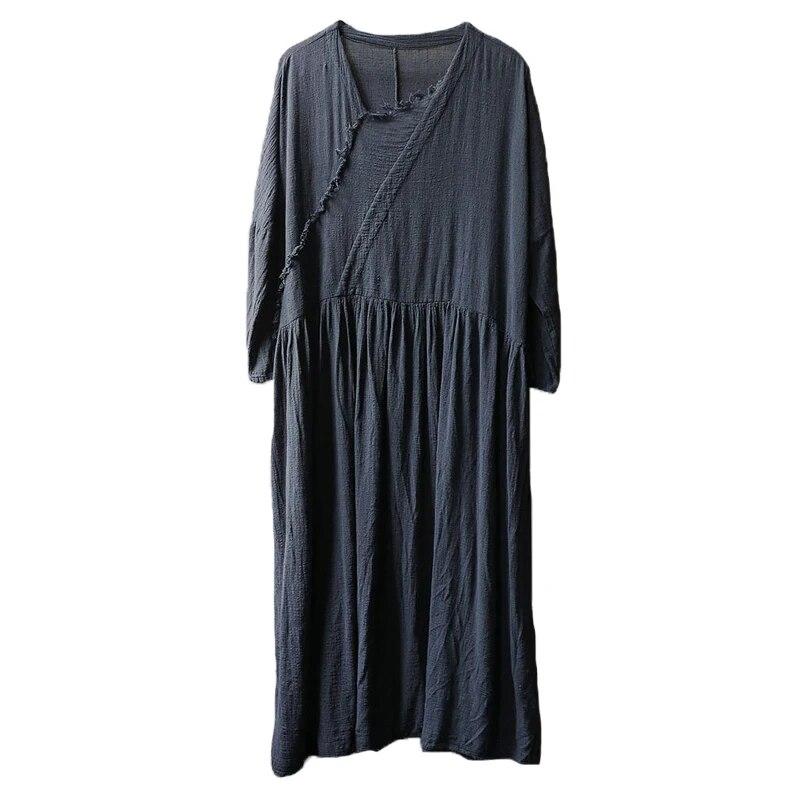 Johnature Women Cotton Linen Vintage Dress V-Neck Long Sleeve Solid Color Robes Autumn A-Line Loose Women Dresses