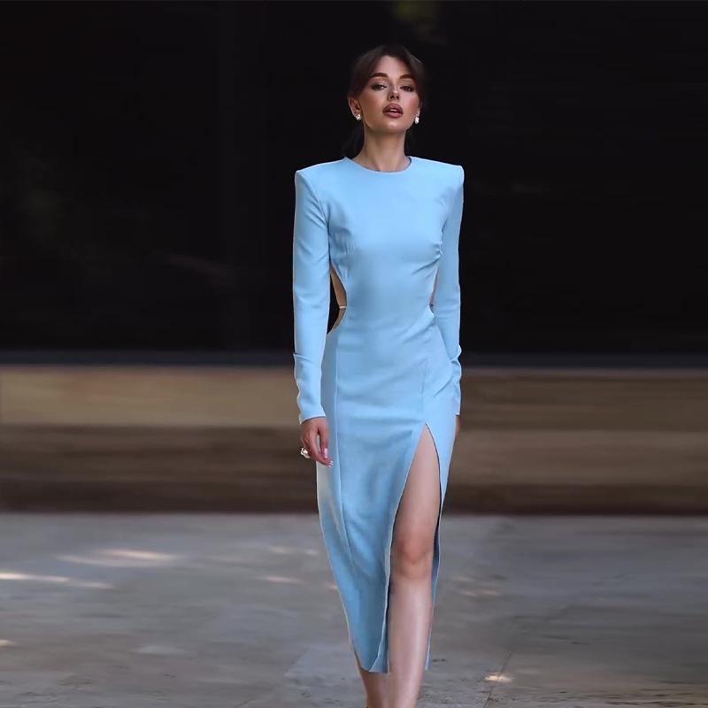 

2024 Fall European & American Women s Solid Color Round Neck Hollow Out Sexy See-through Dress Extra Large светло-синий