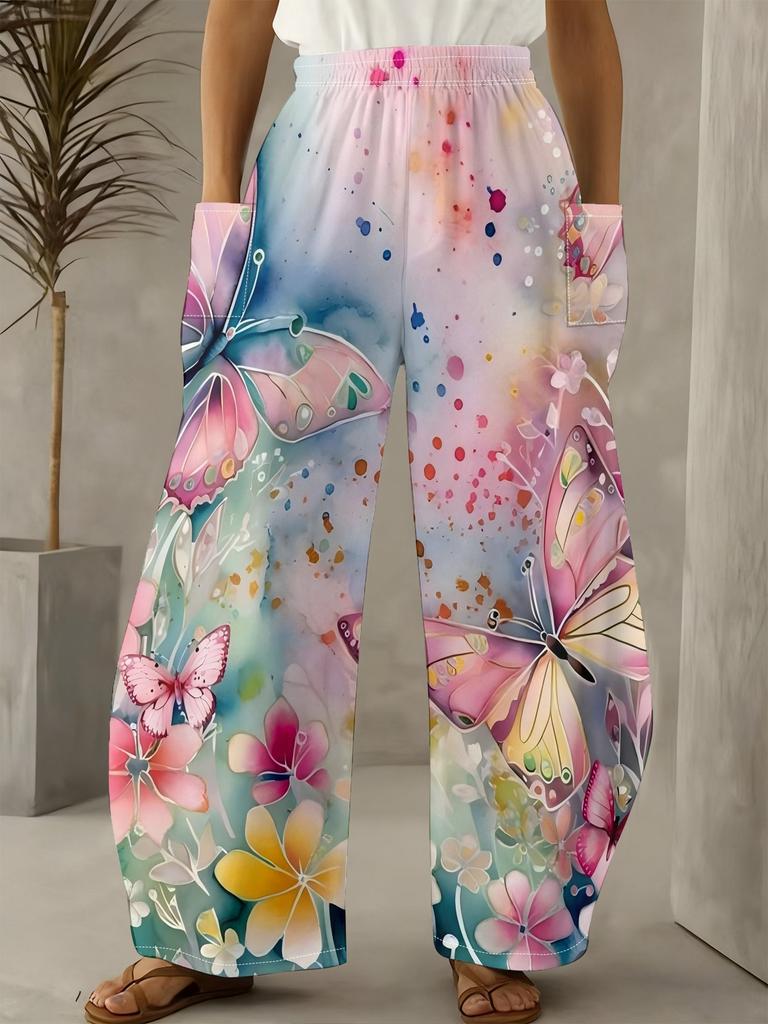 Women's Wide-Leg Pants, Lightweight and Breathable Printed Casual Trousers for Spring/Summer, Butterfly Floral Pattern