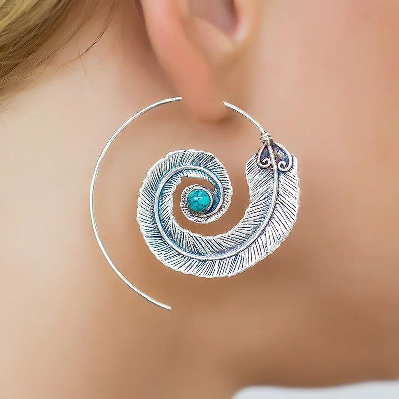 He Cheng Geometric Spiral Feather Alloy Hoop Earrings for Women