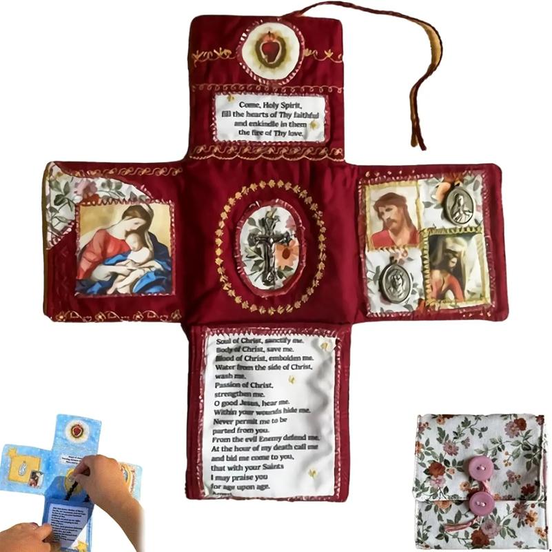 Handcrafted Pocket Shrine with Cross Included Inside,Faith Cross-Shaped Fabric Pouch Sewing Pocket with Saint Images Prayers