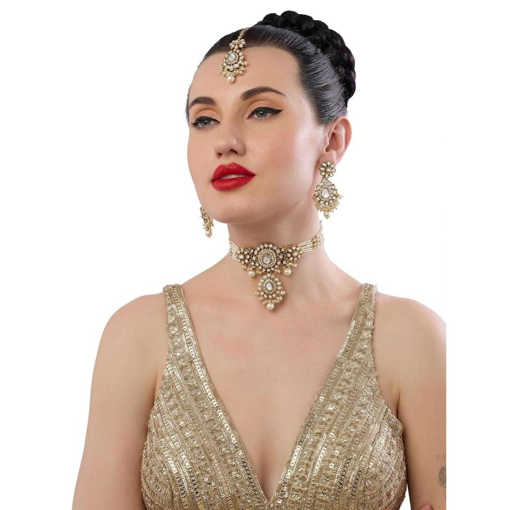 Tone Dazzling Kundan Multistrand Pearls Choker Necklace Earring & Maangtikka Set For Women