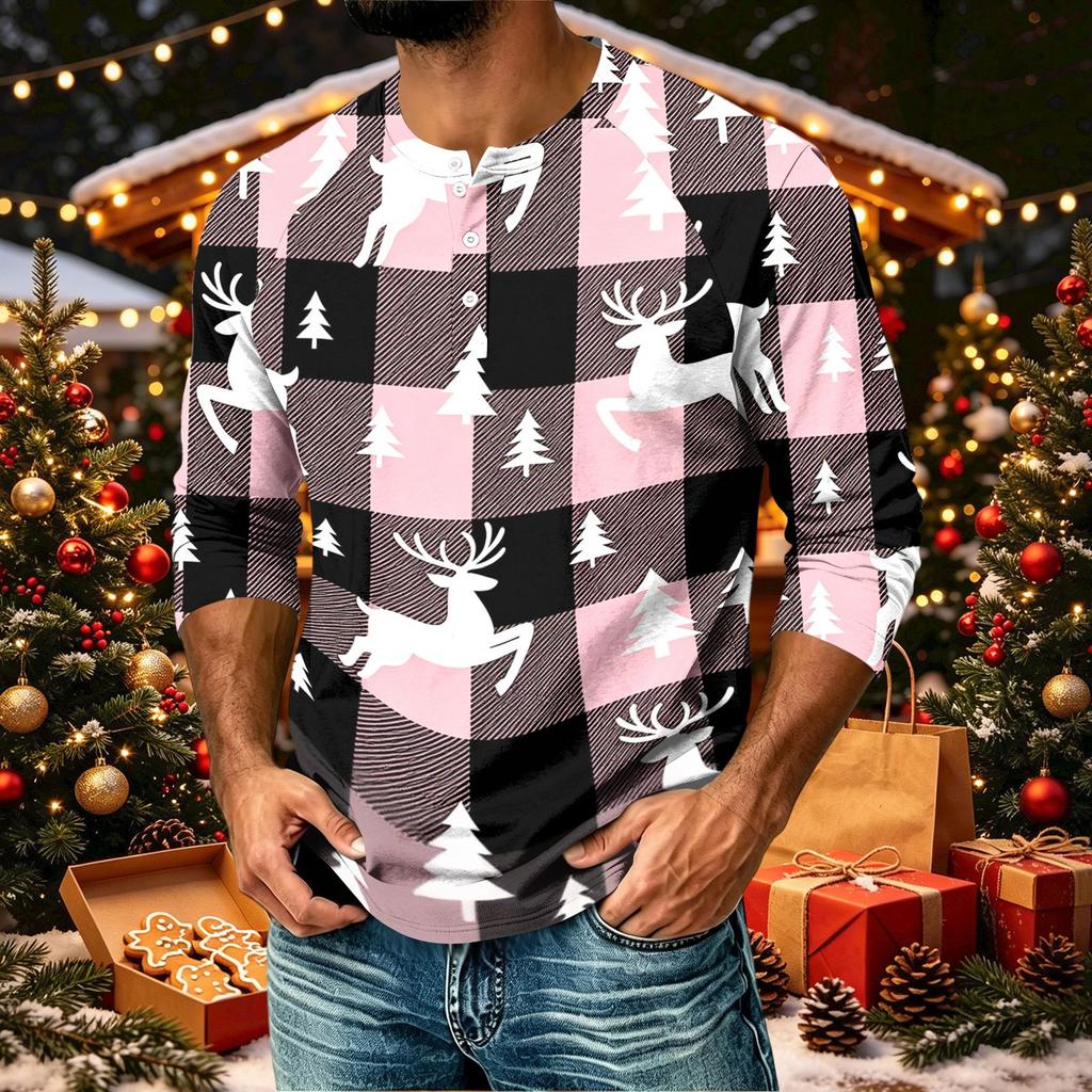 Men's Casual Shirt with Raglan Three-Quarter Sleeves and Christmas Print