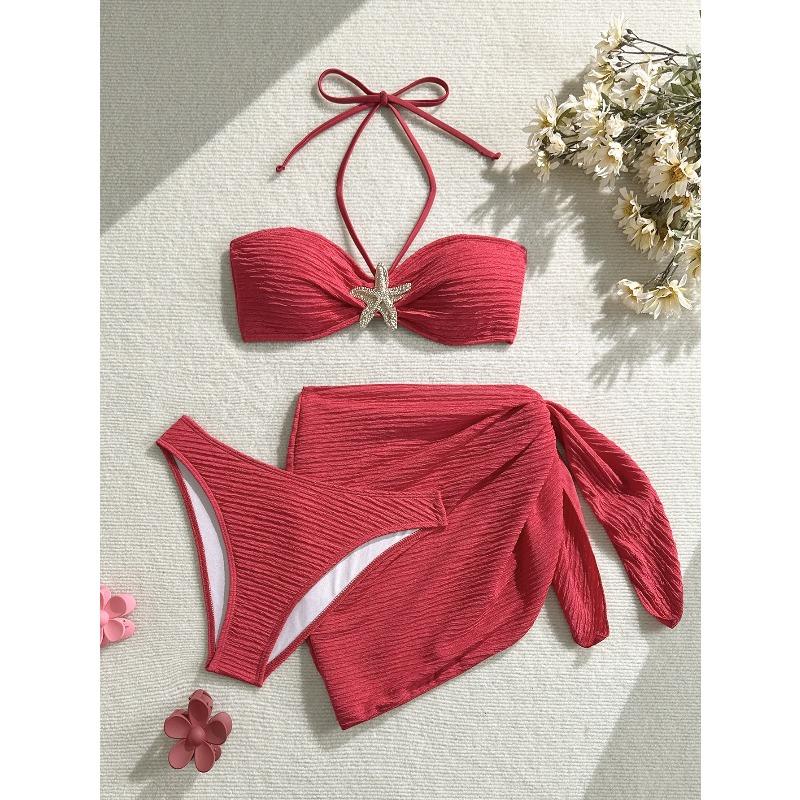2026 new solid color split swimsuit women's three-piece bikini beach swimsuit set