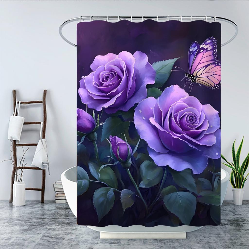 1/4Pcs Bathroom Shower Curtain Set Purple Rose Print Bathroom Curtain With 12 Hooks Non Slip Rugs Toilet Cover Mat Bathroom Partition