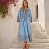 Abito Lungo Boho Casual da Donna, Estivo Lungo Bohémien con Stampa Ricamata, Manica 3/4 Scollo a V Svasato, Abiti da Vacanza con Tasche