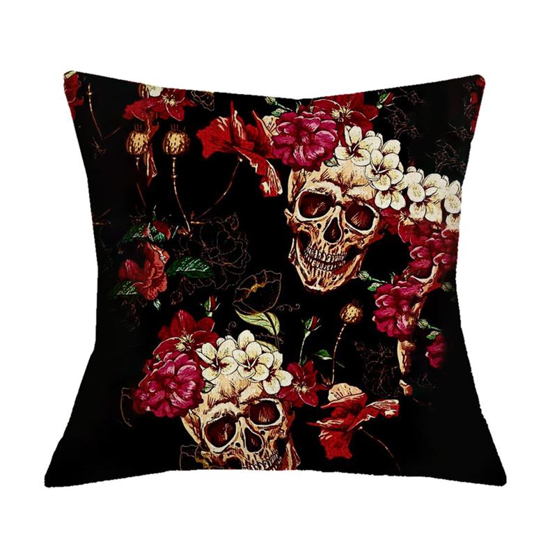 Undead Flower Skeleton Print Pattern Cushion Cover for Home Living Room Sofa Decoration Square Pillow Cover