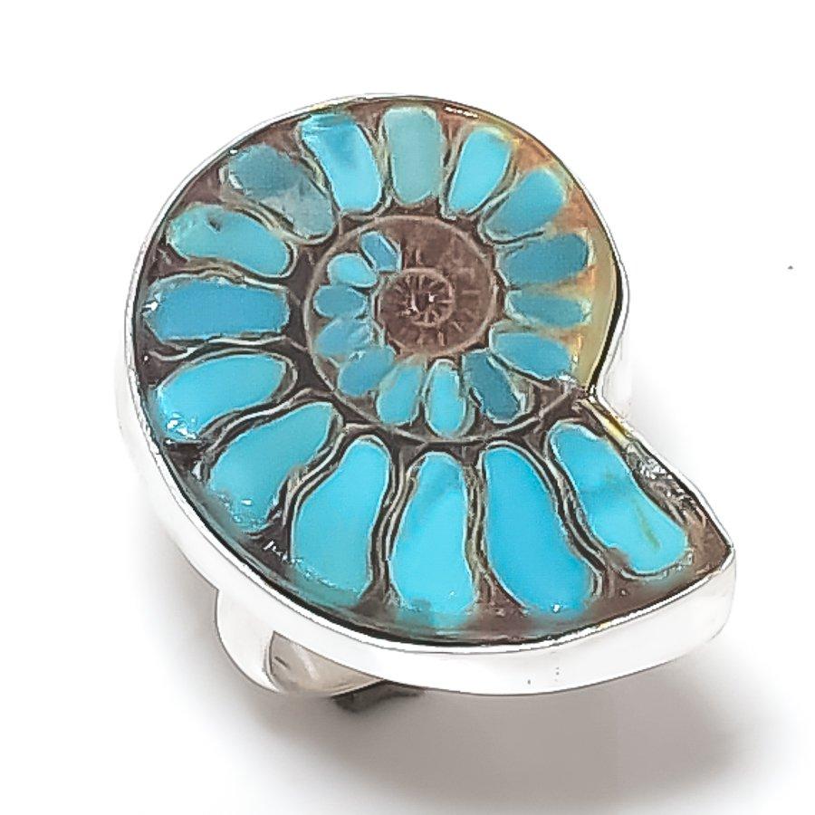 

Натуральный ископаемый аммонит драгоценный камень 925 стерлинговое серебро ювелирное кольцо размер 6.5 T9W72