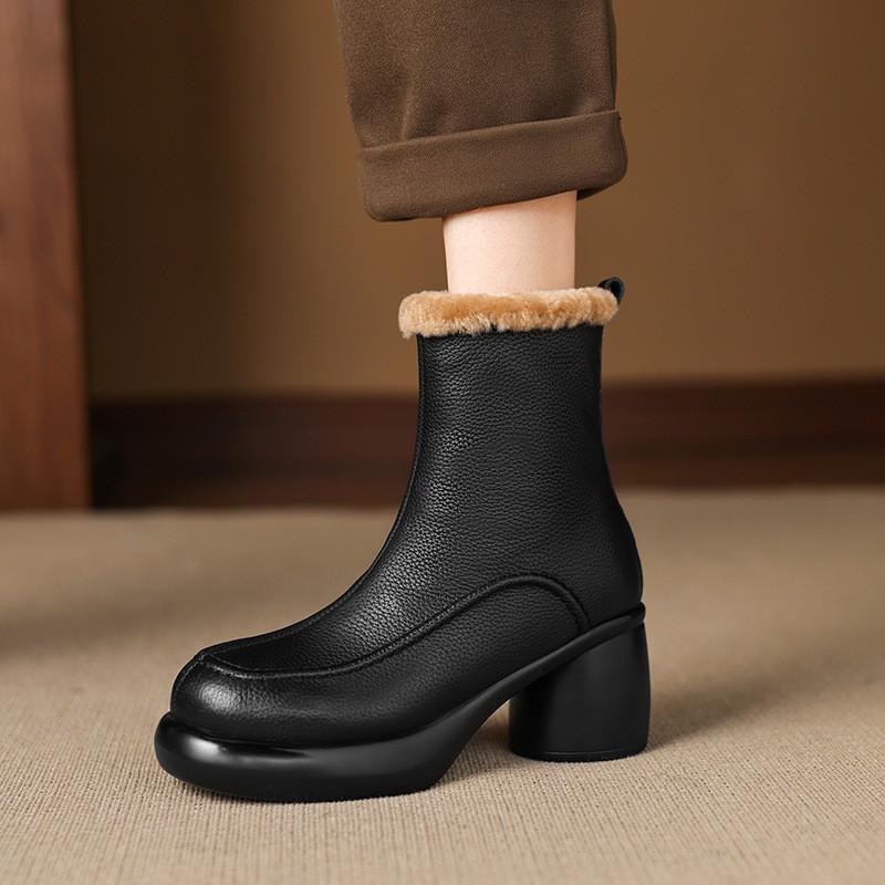 7cm British Style Leather Ankle Boots Warm Winter Fall Round Toe Chunky Heel Side Zip Booties