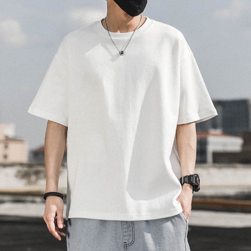 WTEMPO Brand Men's Solid Short Sleeve T-shirt Summer Loose Fashion Half Sleeve Top Breathable and Sweat-absorbing Round Neck Short Sleeve Pullovers