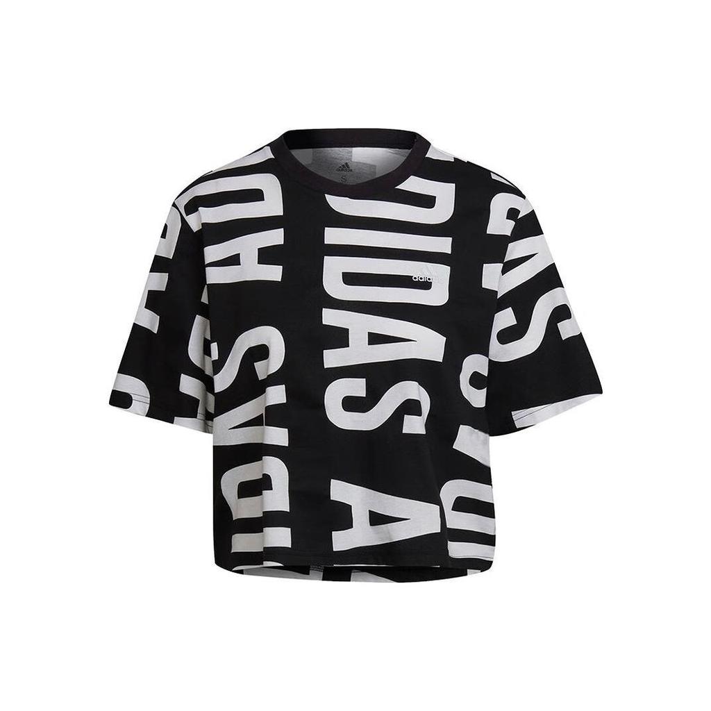 Adidas Allover Print Logo Crew Neck T-Shirt Women Tops Black HC9161