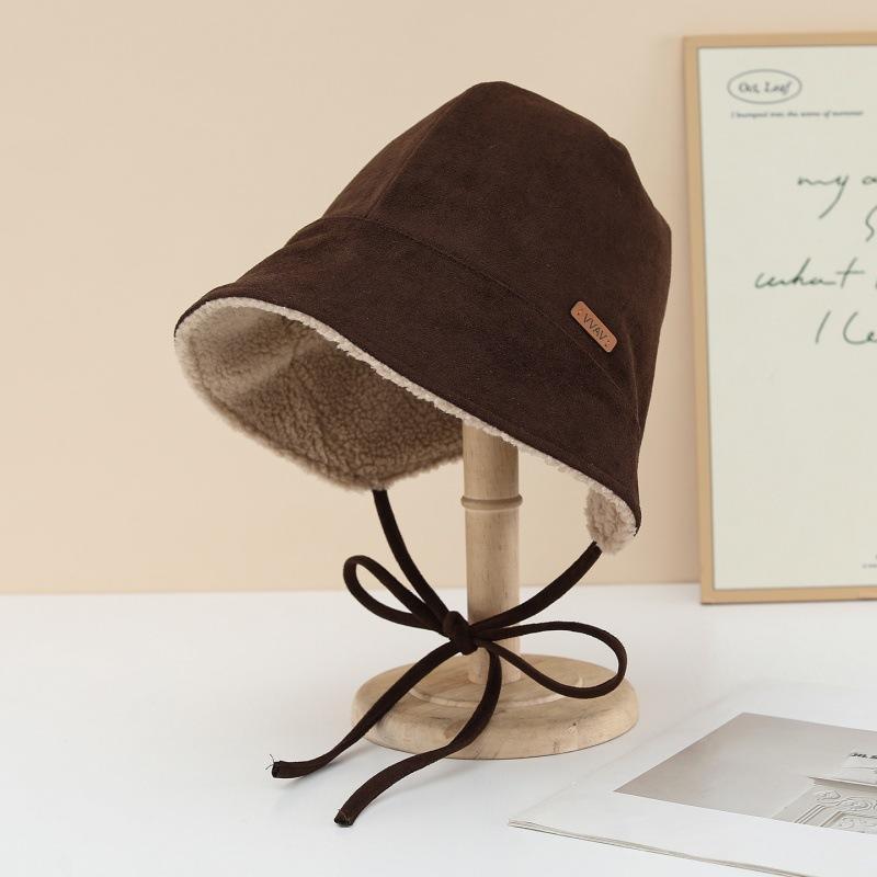 Autumn and winter new dark brown suede ear protector bucket hat lamb wool lace bucket hat cold warm women's hat