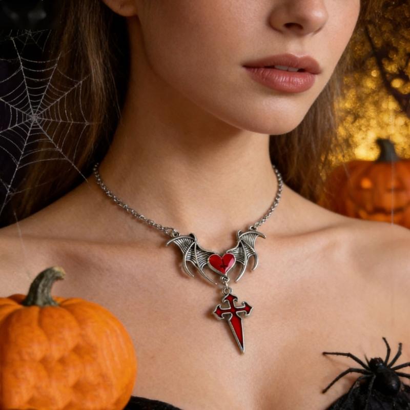 Detailed Gothic Punk Bat Wing and Heart Crosses Pendant Necklace Crafted from Alloy for Long Time Use