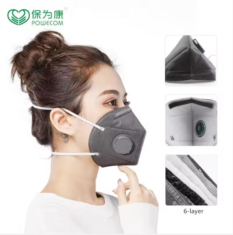 Powecom KN95 Gesichtsmaske Aktivkohle 6 Lagen Filterung Kopfband 1890V Atemventil Einzeln verpackt Industriestaub