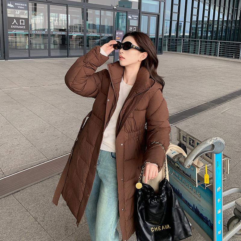 2025 new Korean version of winter fashion waist jacket mid-length lace-up thickened cotton jacket slimming hooded cotton clothes for women