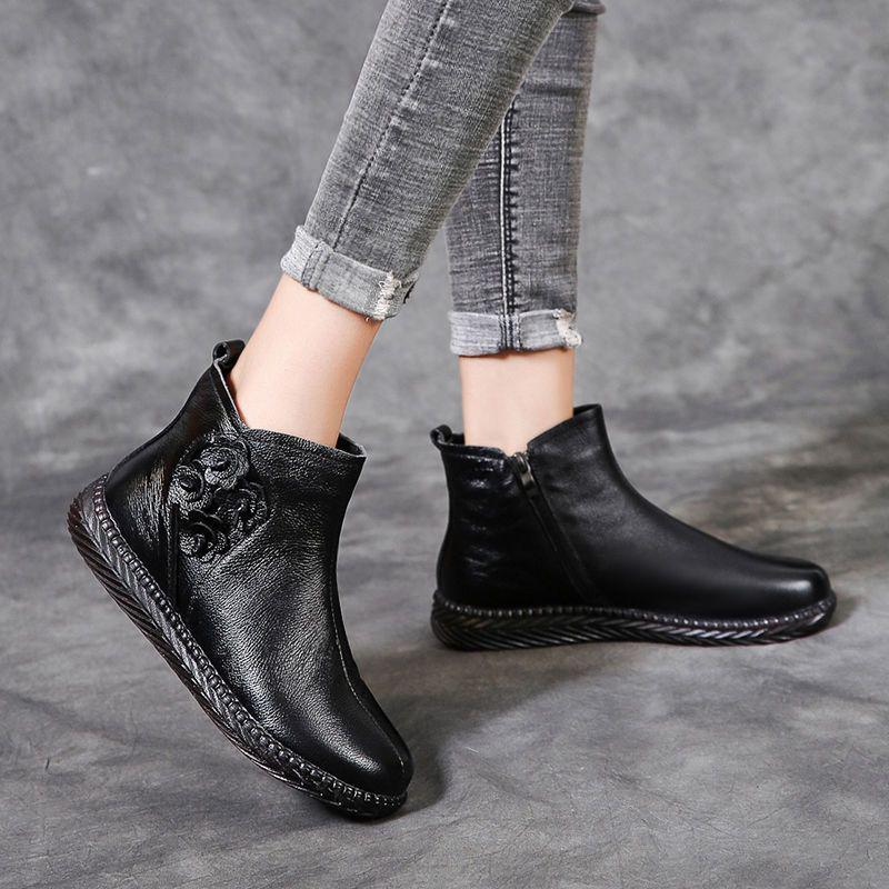 Women's Genuine Leather Winter Plush Ankle Boots - Comfortable, Non-Slip, Soft Flat Bottom for Middle-Aged & Elderly