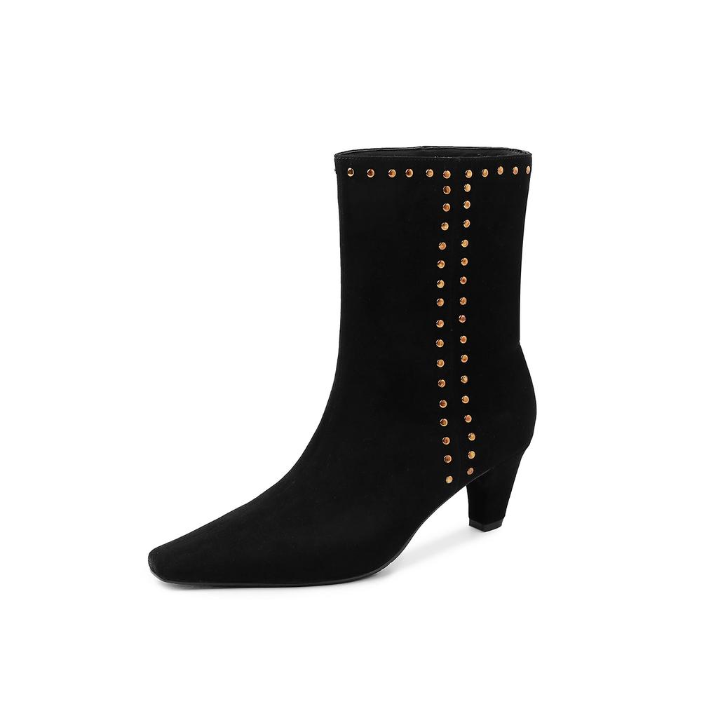 6CM Korean version of fashion rivet boots women's 2025 autumn and winter new square head thick heel versatile temperament fashion boots short boots
