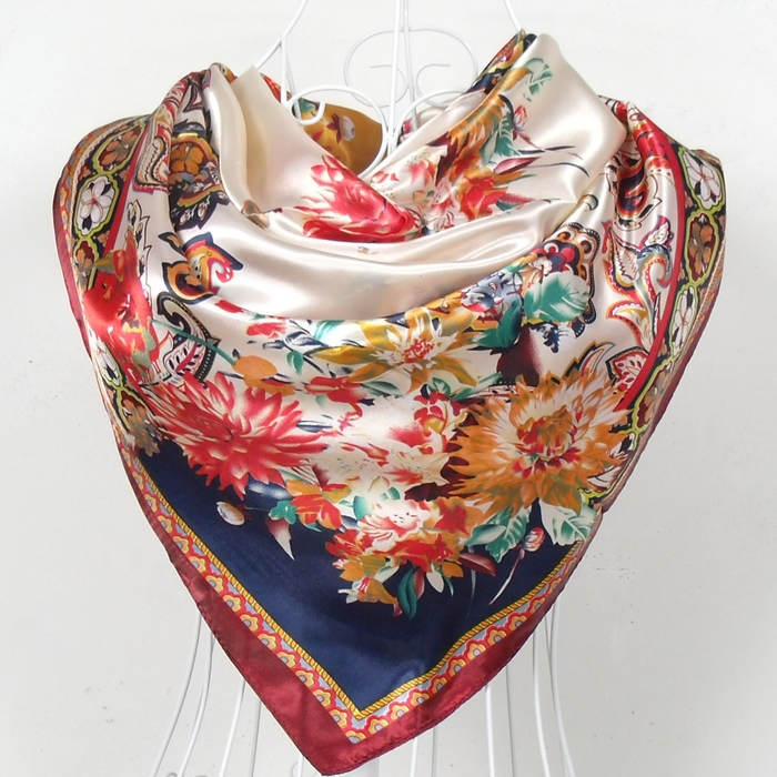 New Style Female Satin Red Big Square Silk Scarf Printed, Women Coffee Silk Scarf Hijab Wraps For Summer,Autumn 90*90cm