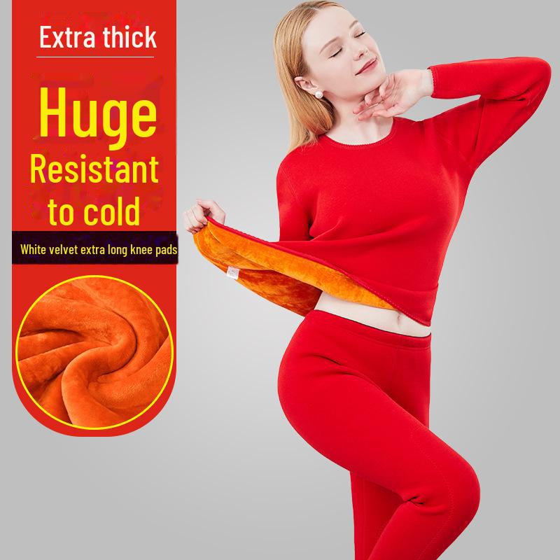 Men's and Women's Plus Velvet Thick Thermal Underwear Suit for Middle-aged and Elderly - Solid Color Winter Set
