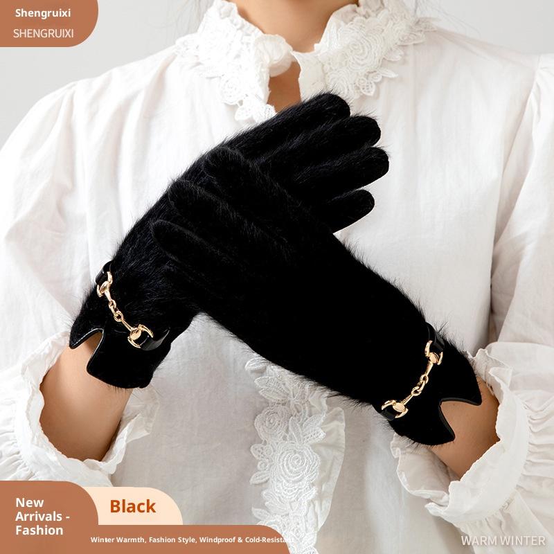 

Плюшевые кроличьи зимние теплые перчатки, женские утолщенные велосипедные с волосатым ртом, холодостойкие, для улицы, ветрозащитные, с сенсорным экраном чёрный