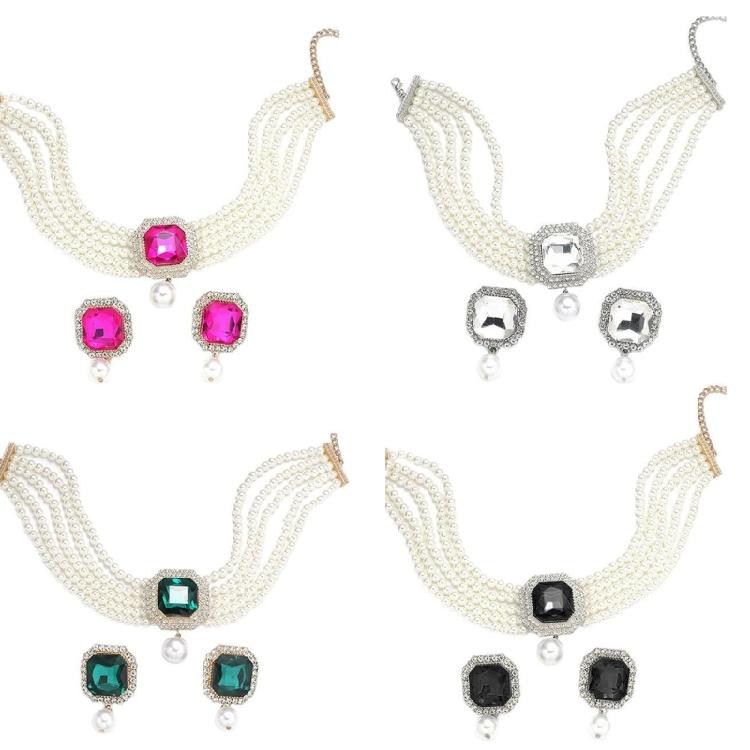 Moderne Kunst Geïnspireerd Meerlaags Imitatie Parels Ketting En Luxe Bijpassende Studs Oorbellen Accessoireset