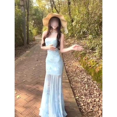 Vestido de tirantes floral de malla azul para mujer, vestido de playa para vacaciones de verano en la costa, falda larga ajustada de cadera estilo cola de pez