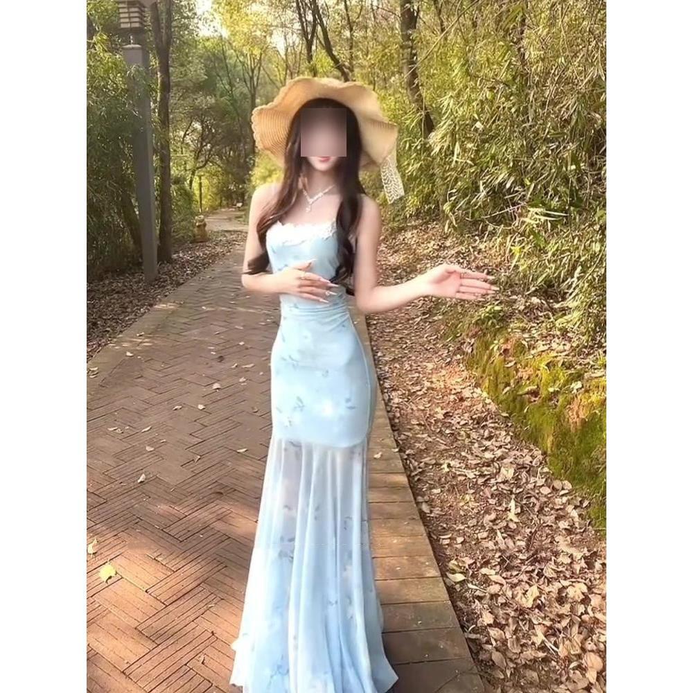 Blue Mesh Floral Suspender Dress Women's Summer Seaside Vacation Beach Dress Slim Hip Fish Tail Long Skirt