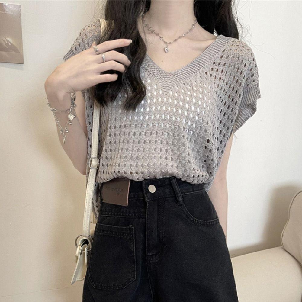 V-neck Hollow Out Knit T-shirt Oversized Beach Crochet Sweater Vest Leisure   Streetwear