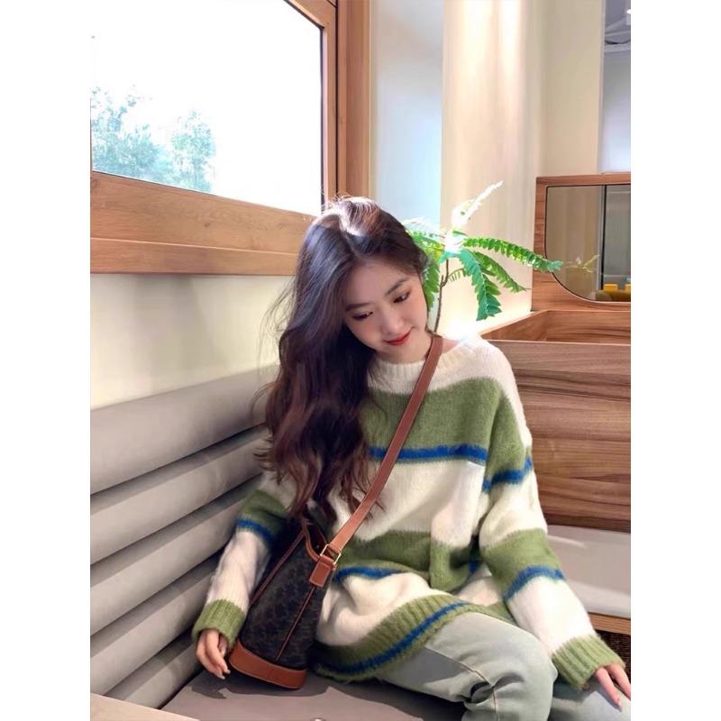 Zelený pruhovaný dámský svetr Color Blocking Kulatý výstřih Dlouhý rukáv Pulovr Teplé svrchní oblečení Dámský podzimní top