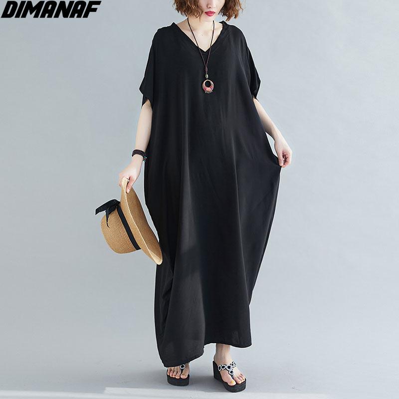 DIMANAF 2021 Plus Size Women Dress Bohemian Beach Korean Style Summer Sundress Solid Maxi Dress Loose Design Casual Long Dress