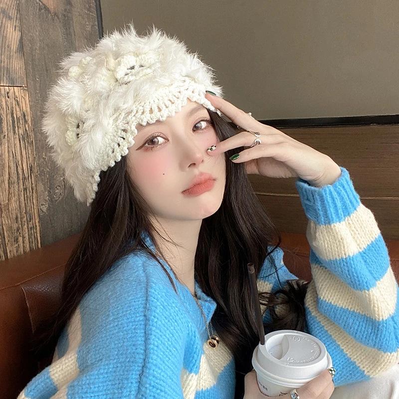 

Real Rabbit haired Hat Women s Autumn and Winter Travel In Western Sichuan Versatile Warm and Cold Hat Flower Knitted Hat Hook Flower Hat one size