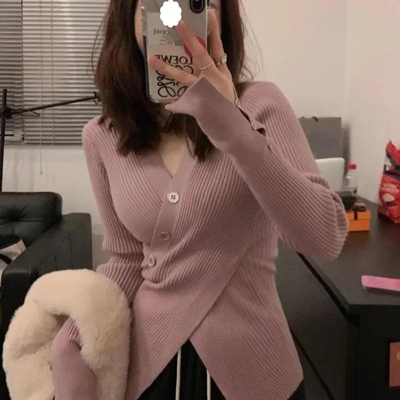 French Style Slim Fit Pullovers Knit Tops Solid Color V-neck Sweaters Autumn And Winter  Long Sleeve Women Clothes 29763