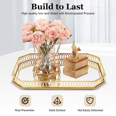 Vanity Organizer Tray Gold Iron-Glass Raised Edge Smooth Surface Easy-Clean Organizer Serving Tray For Jewelry Cosmetics