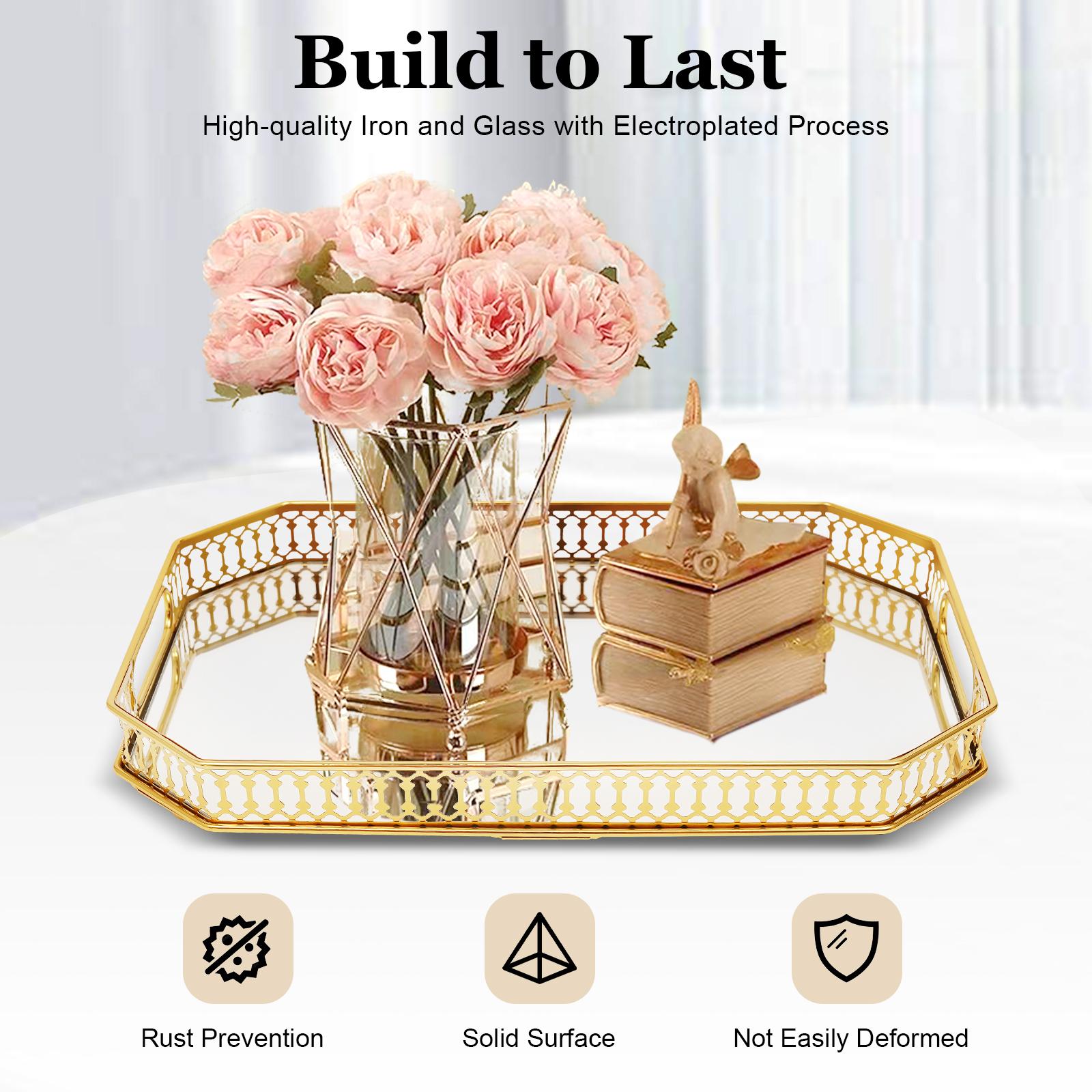 

Vanity Organizer Tray Gold Iron-Glass Raised Edge Smooth Surface Easy-Clean Organizer Serving Tray For Jewelry Cosmetics United States