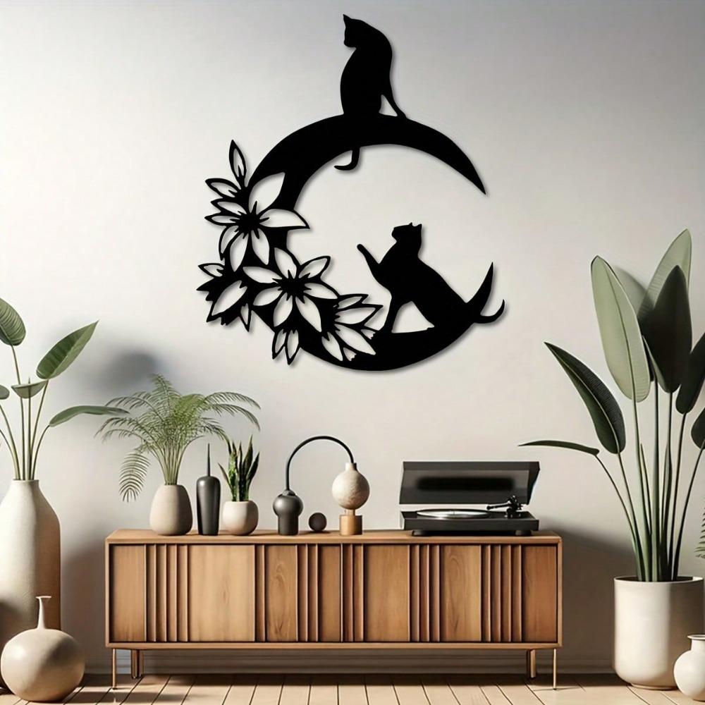 Metal Wall Art Black Cat Crescent Flower Silhouette Durable Indoor Outdoor Home Decor Gift for Cat Lovers