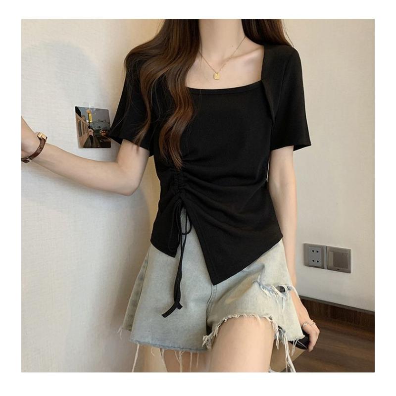 Pink Square Neck Short Sleeve T-shirt Pure Lust Spicy Girl Pleated Design Women Slim Top Casual Solid Color Korean Fashion