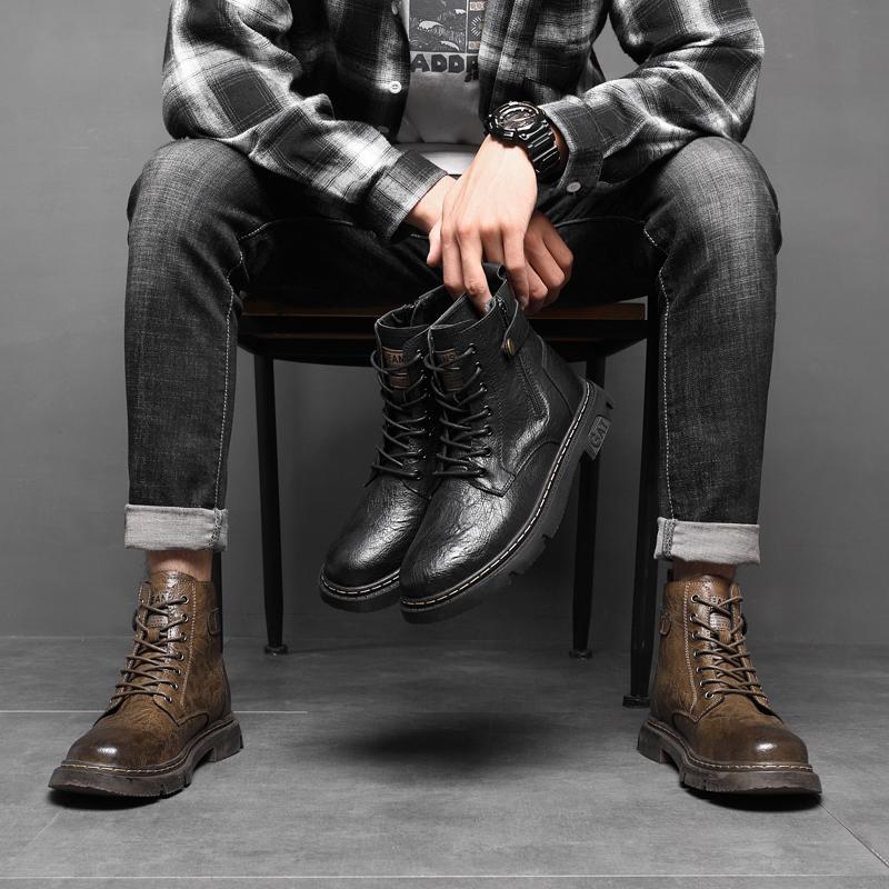 Fashion Leather Fashion Basic Boots Men Side Zipper Men's Shoes Outdoor Male Motorcycle Boots All-match Fashion Mens High Top Sneakers