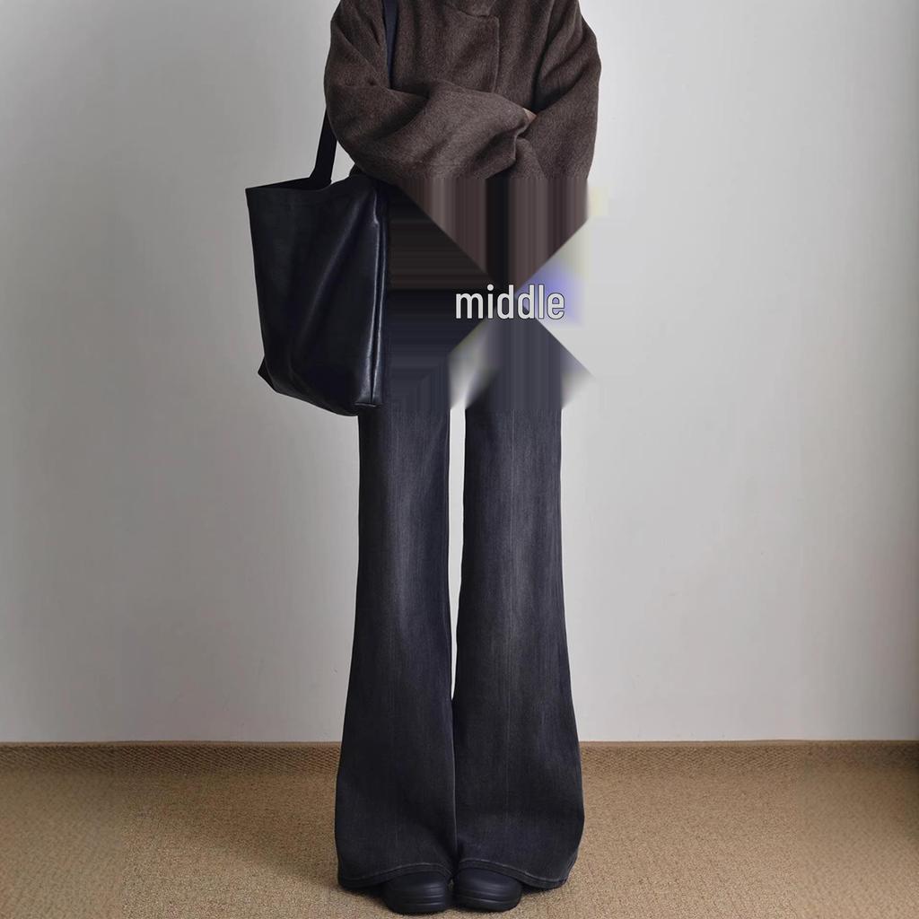 Women's Black-Grey High-Waisted Micro-Flare Jeans, Plus Size, Wide-Leg, Slimming, for Curvy Figures, Spring/Autumn 2025 Style