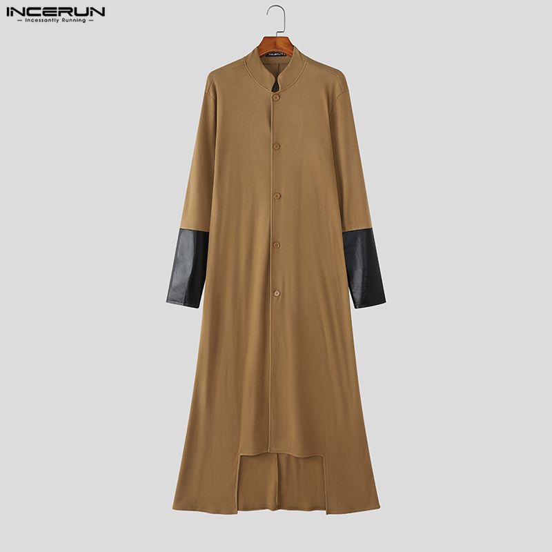 INCERUN Men Stand Neck Patchwork Long Sleeve Buttons High Splits Long Cardigan Coats