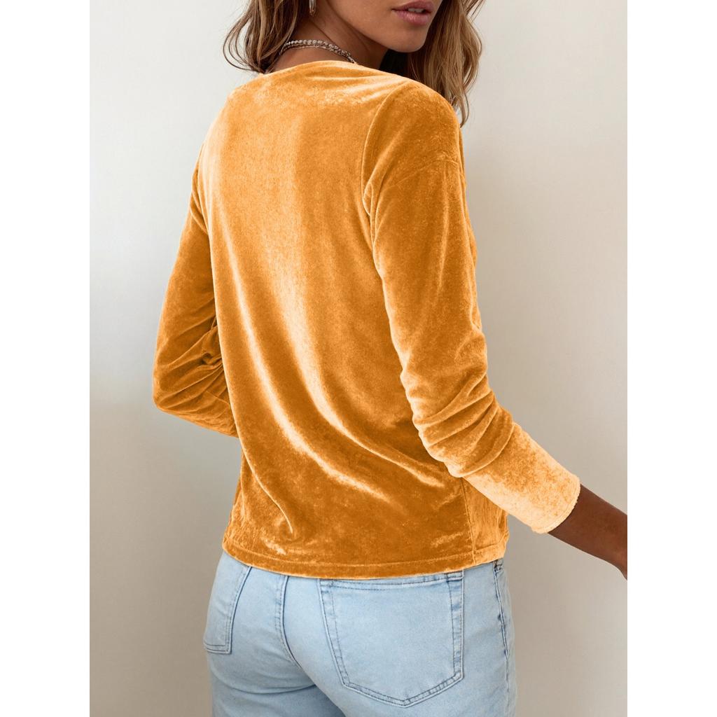 Women's Solid Color Velvet Long Sleeve T-shirt, Sexy Cowl Neck Casual Top